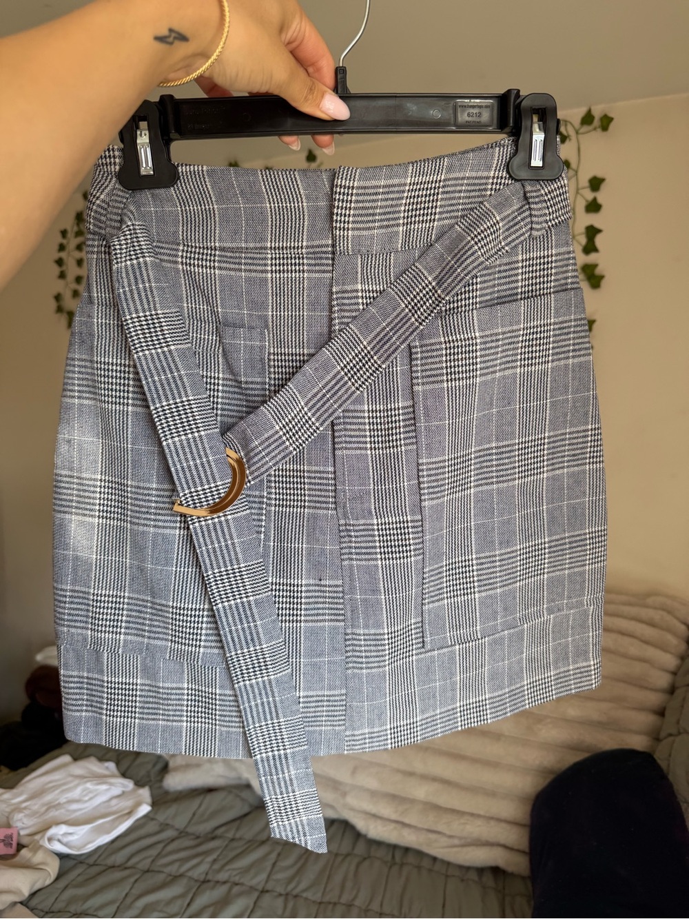 Plaid Belted Mini Skirt - Gray
